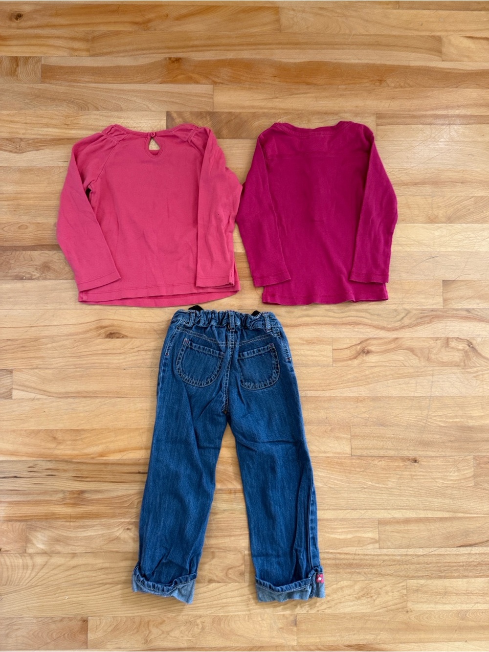 Gymboree Pink and Raspberry Long-Sleeve Tops with Dark Blue Embroidered Jeans - Picture 2 of 3